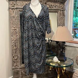 Dex Blue Black Geometric Faux Wrap Midi Dress Stretch 2X Plus